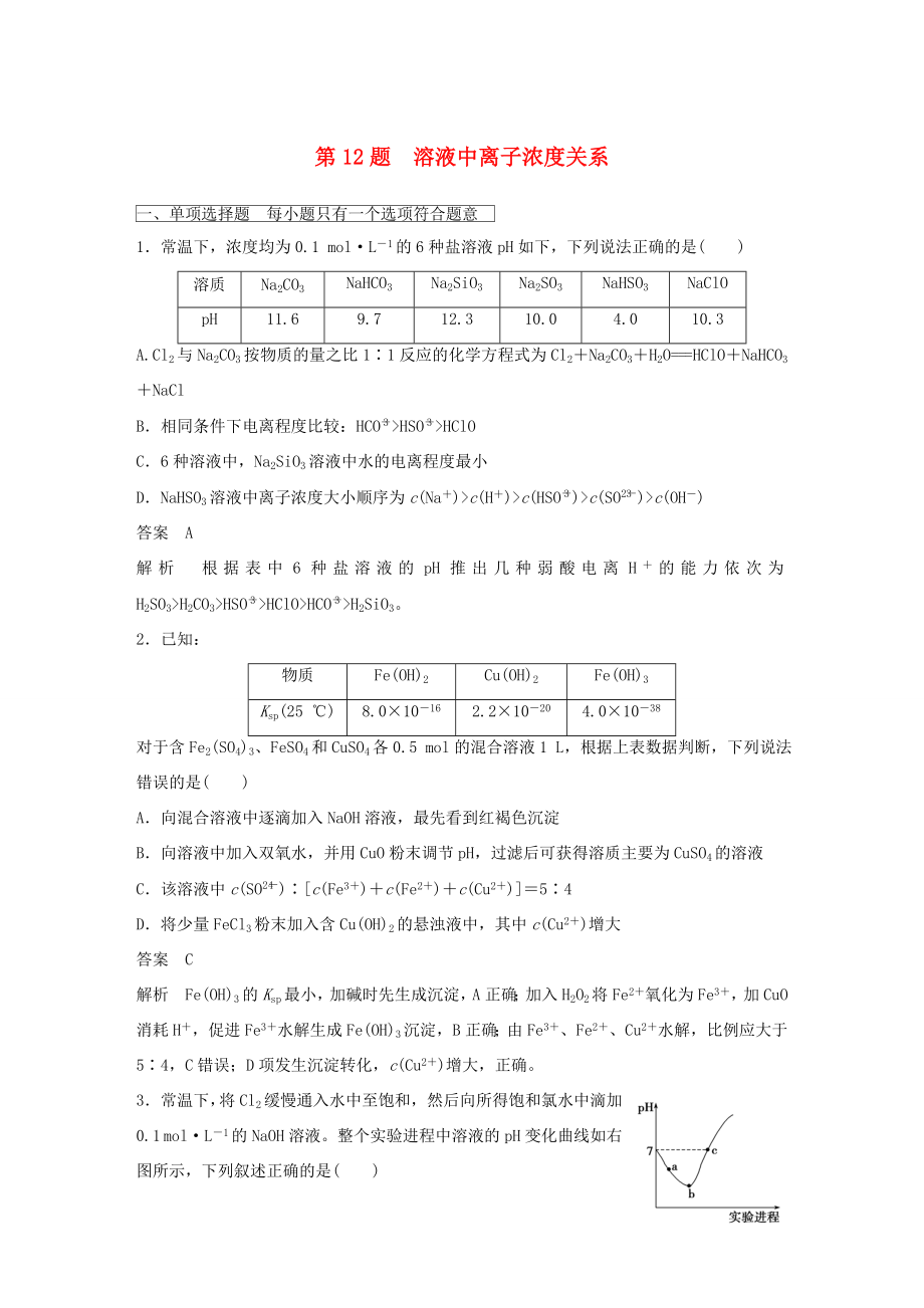 高考化學二輪復習 考前三個月 考前專項沖刺集訓 第12題 溶液中離子濃度關(guān)系_第1頁