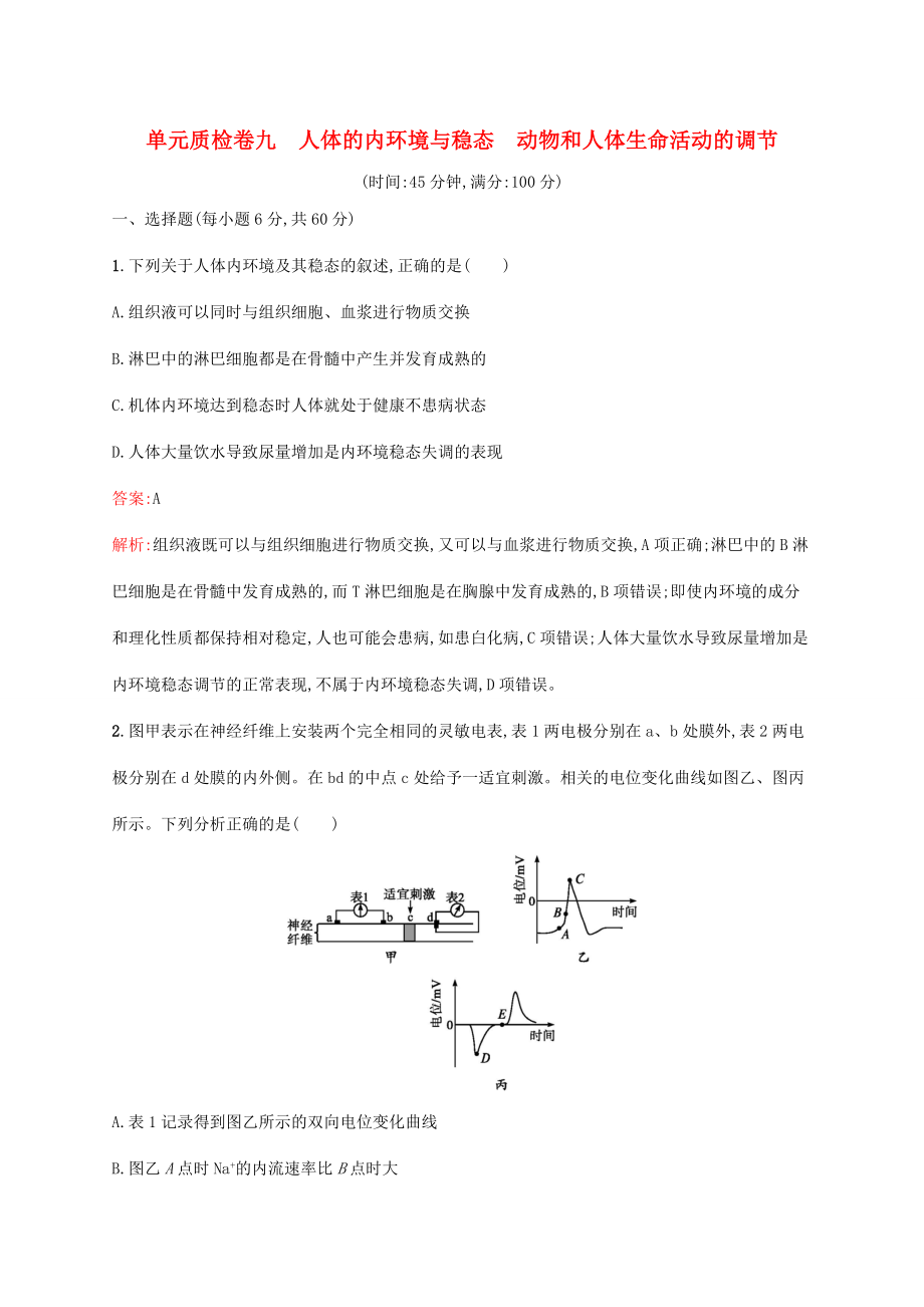 高考生物一輪復(fù)習(xí) 單元質(zhì)檢卷九 人體的內(nèi)環(huán)境與穩(wěn)態(tài) 動(dòng)物和人體生命活動(dòng)的調(diào)節(jié)（含解析）新人教版-新人教版高三生物試題_第1頁(yè)