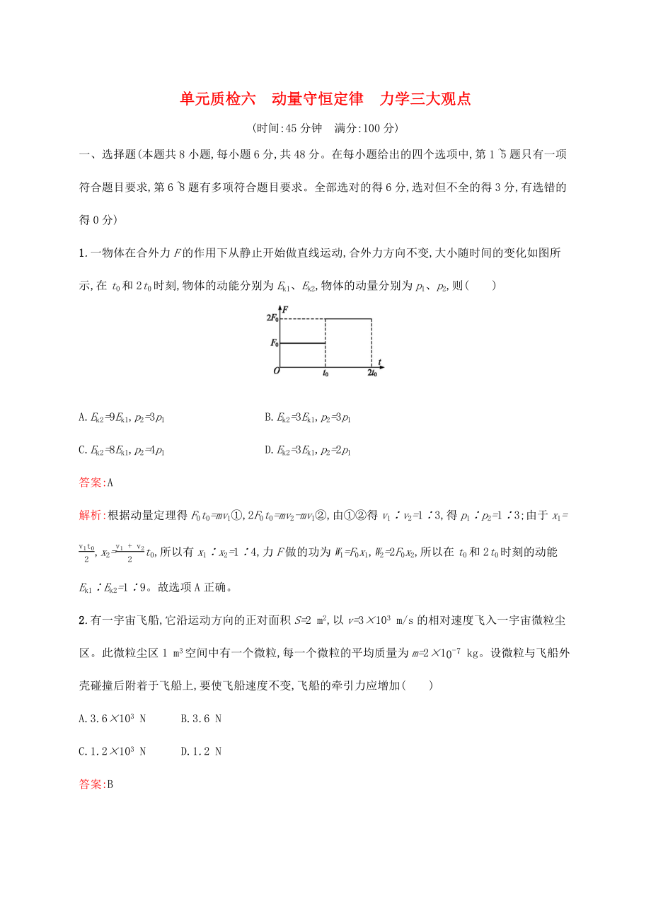 高考物理一輪復(fù)習(xí) 單元質(zhì)檢六 動量守恒定律 力學(xué)三大觀點(diǎn)（含解析）新人教版-新人教版高三物理試題_第1頁