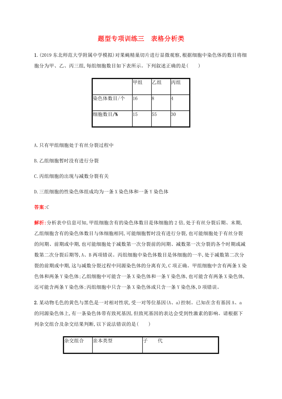 高考生物二輪復(fù)習(xí) 題型專項(xiàng)訓(xùn)練3 表格分析類（含解析）-人教版高三生物試題_第1頁