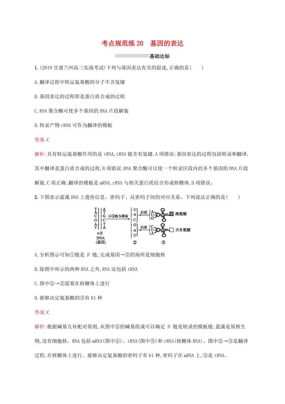 高考生物一輪復(fù)習(xí) 考點規(guī)范練20 基因的表達（含解析）新人教版-新人教版高三生物試題_第1頁