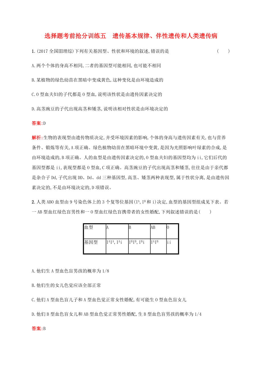 高考生物二輪復(fù)習(xí) 選擇題考前搶分訓(xùn)練5 遺傳基本規(guī)律、伴性遺傳和人類遺傳?。ê馕觯?人教版高三生物試題_第1頁