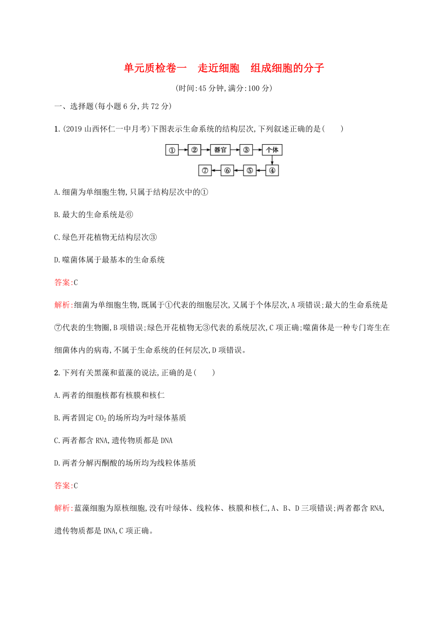 高考生物一轮复习 单元质检卷一 走近细胞 组成细胞的分子（含解析）新人教版-新人教版高三生物试题_第1页