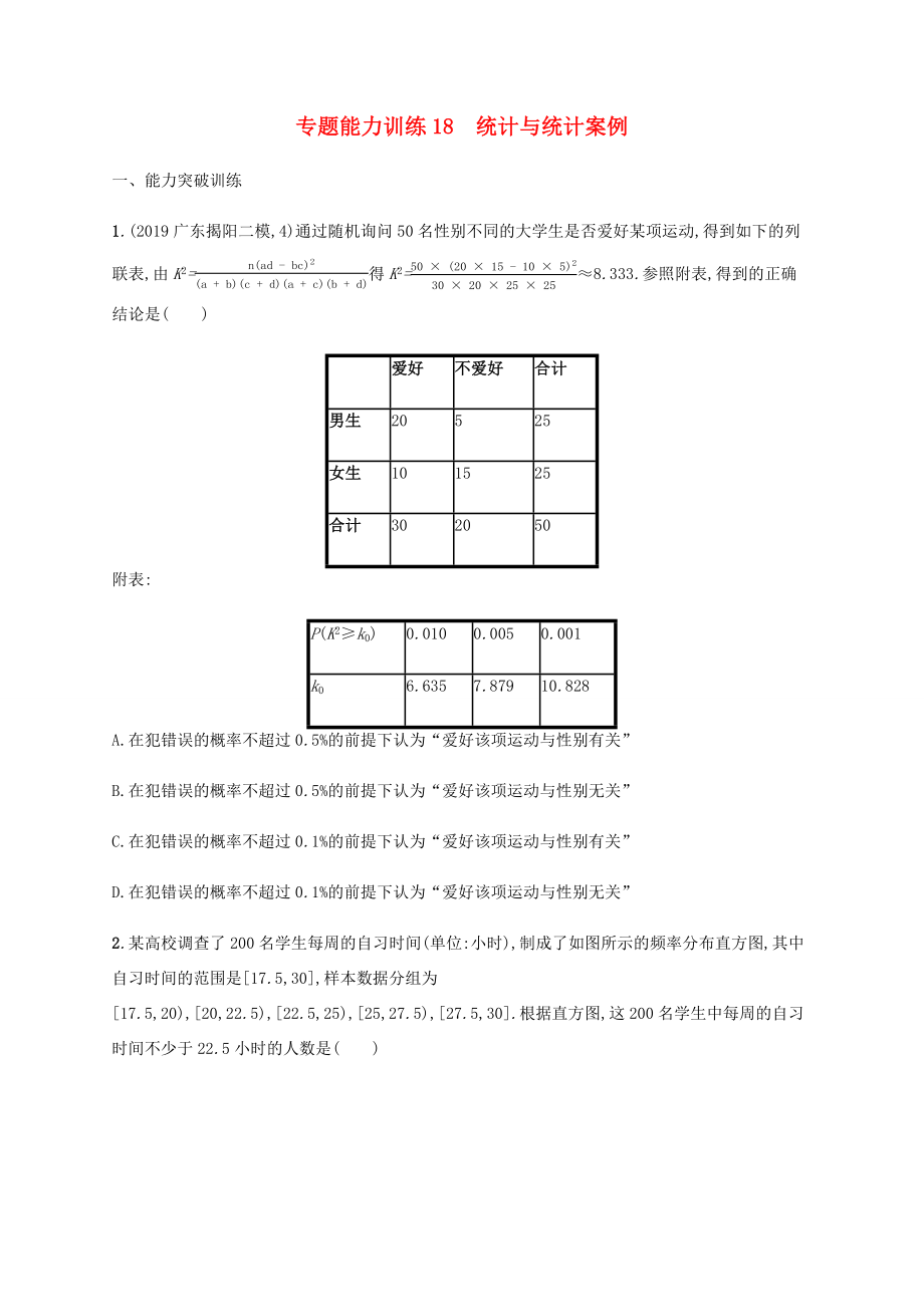 高考數(shù)學(xué)二輪復(fù)習(xí) 專題能力訓(xùn)練18 統(tǒng)計與統(tǒng)計案例 文-人教版高三數(shù)學(xué)試題_第1頁