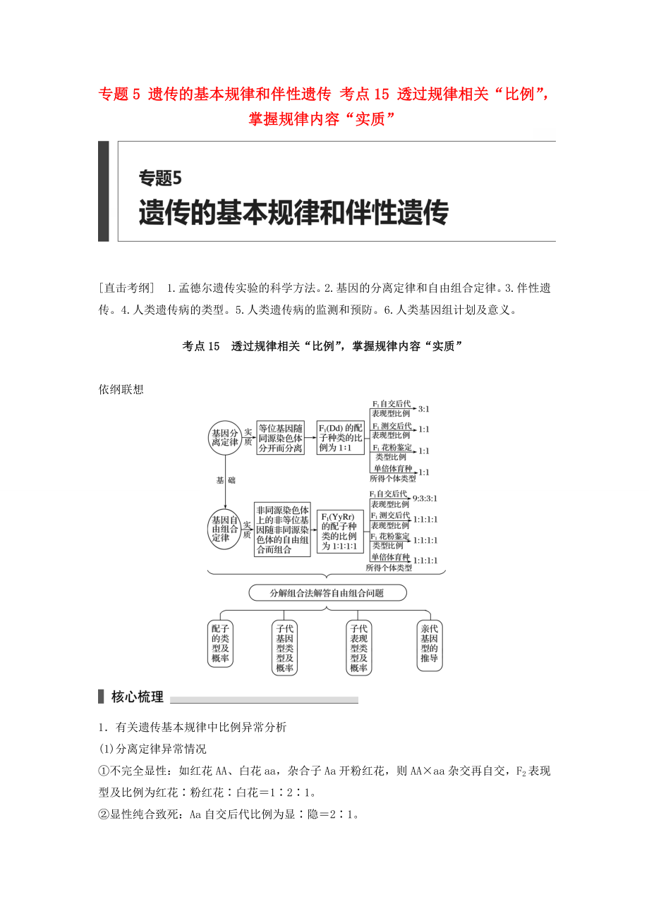 高考生物二輪復(fù)習(xí)專題5 遺傳的基本規(guī)律和伴性遺傳 考點(diǎn)15 透過規(guī)律相關(guān)“比例”掌握規(guī)律內(nèi)容“實(shí)質(zhì)”-人教版高三生物試題_第1頁