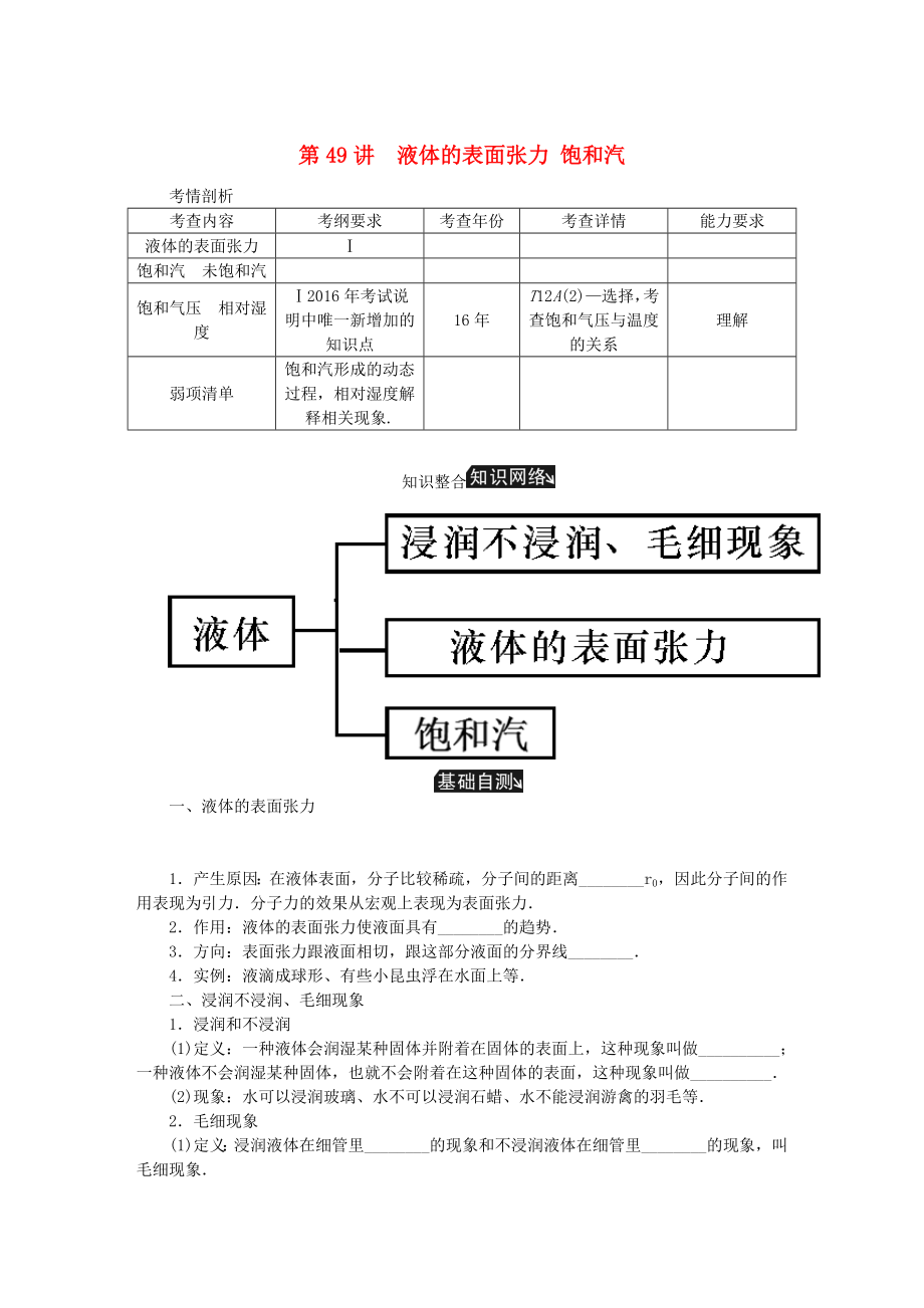 高考物理總復習 第49講 液體的表面張力 飽和汽講義-人教版高三物理試題_第1頁