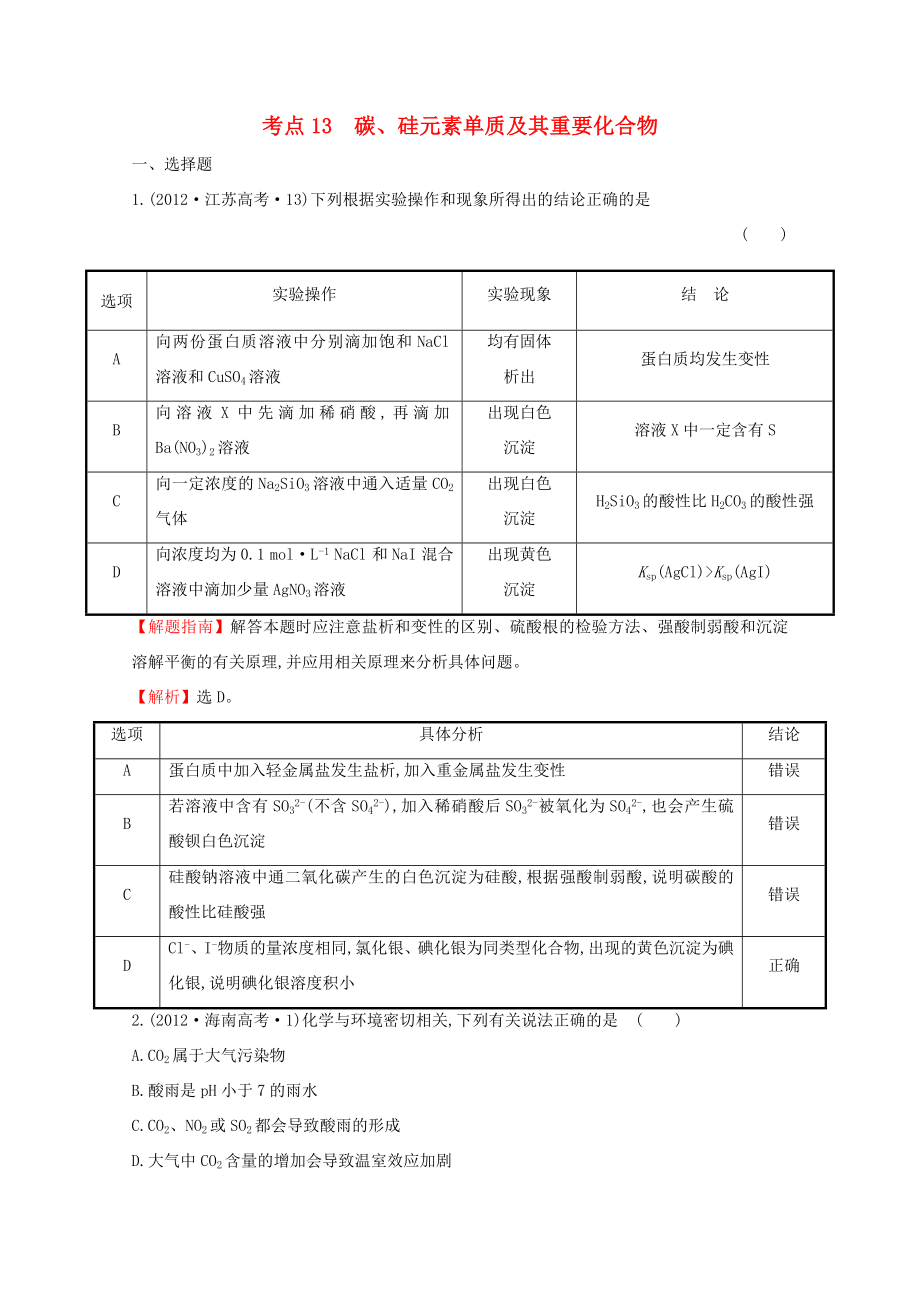 （新課標(biāo)）高考化學(xué) 考點(diǎn)匯總 考點(diǎn)13 碳、硅元素單質(zhì)及其重要化合物_第1頁