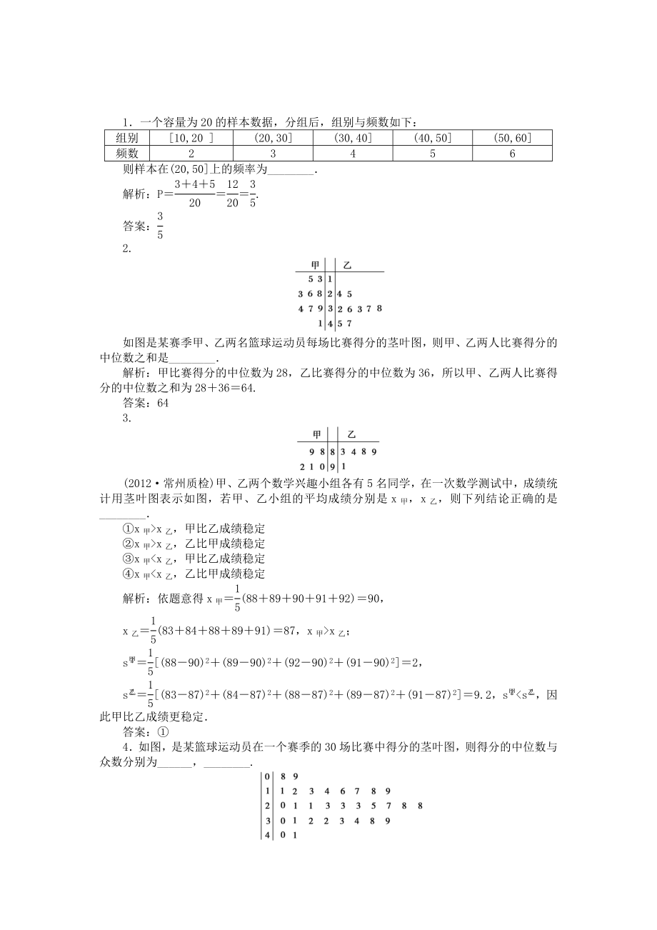 （江蘇專用）高考數(shù)學(xué)總復(fù)習(xí) 第九章第3課時(shí) 用樣本估計(jì)總體隨堂檢測（含解析）_第1頁