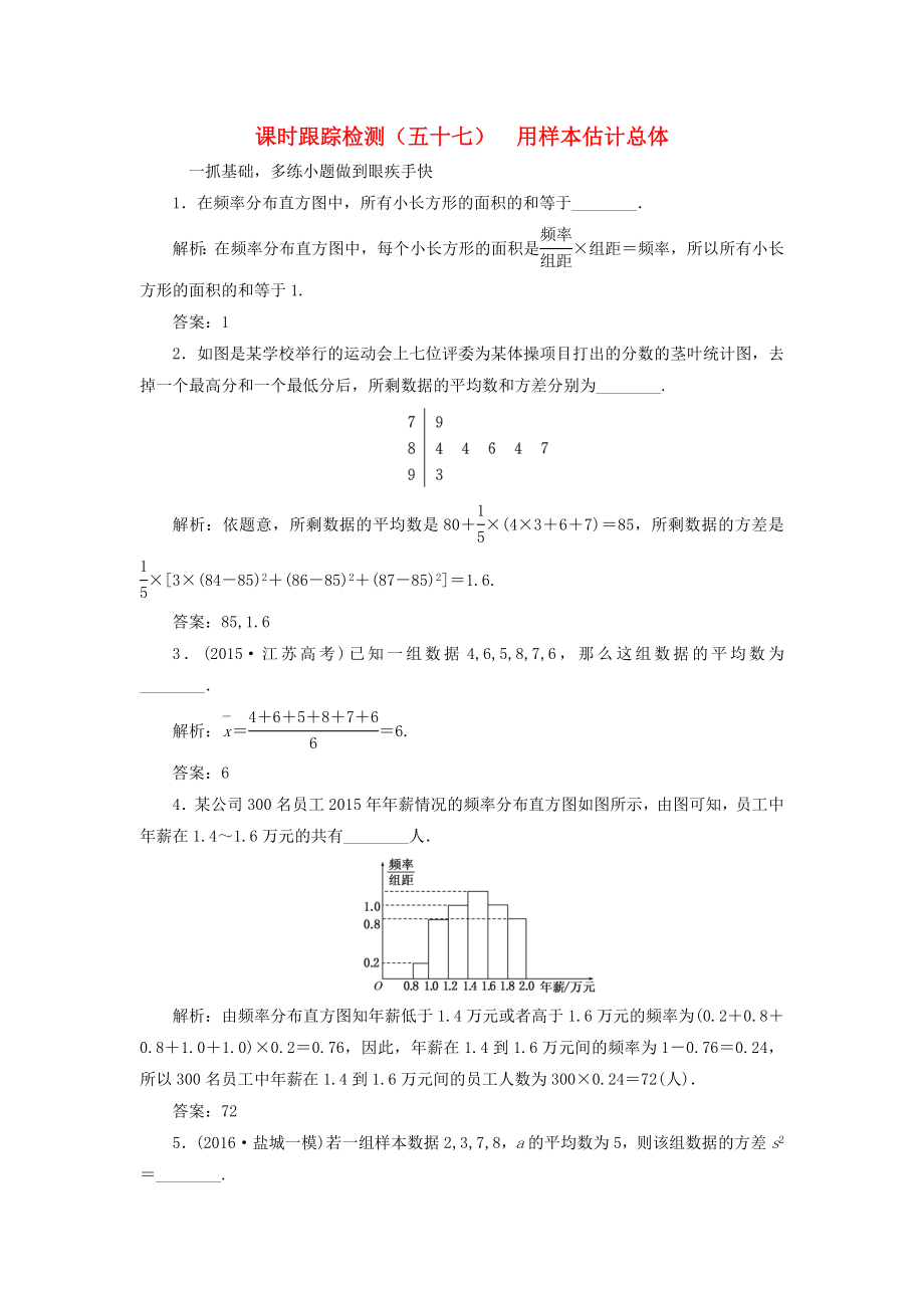 （江蘇專用）高三數(shù)學(xué)一輪總復(fù)習(xí) 第十章 算法、統(tǒng)計(jì)與概率 第二節(jié) 統(tǒng)計(jì)初步 第二課時(shí) 用樣本估計(jì)總體課時(shí)跟蹤檢測 理-人教高三數(shù)學(xué)試題_第1頁