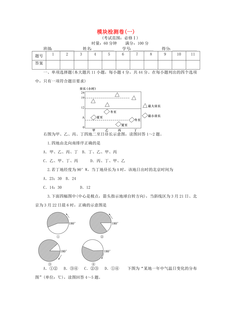 （新課標(biāo)）高考地理一輪復(fù)習(xí) 模塊檢測(cè)卷（一）-人教版高三地理試題_第1頁(yè)