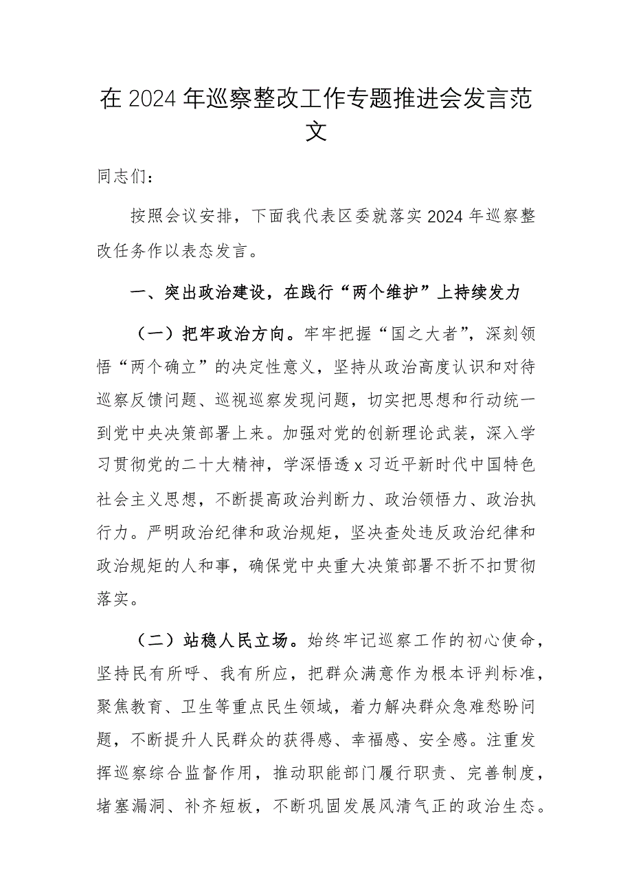 在2024年巡察整改工作專題推進會發(fā)言范文_第1頁