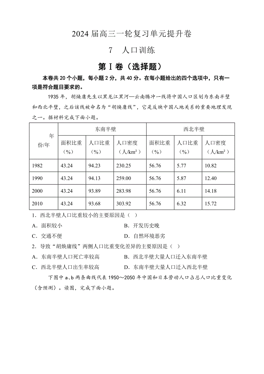 2024届高三地理一轮复习单元提升卷人口[含答案]_第1页