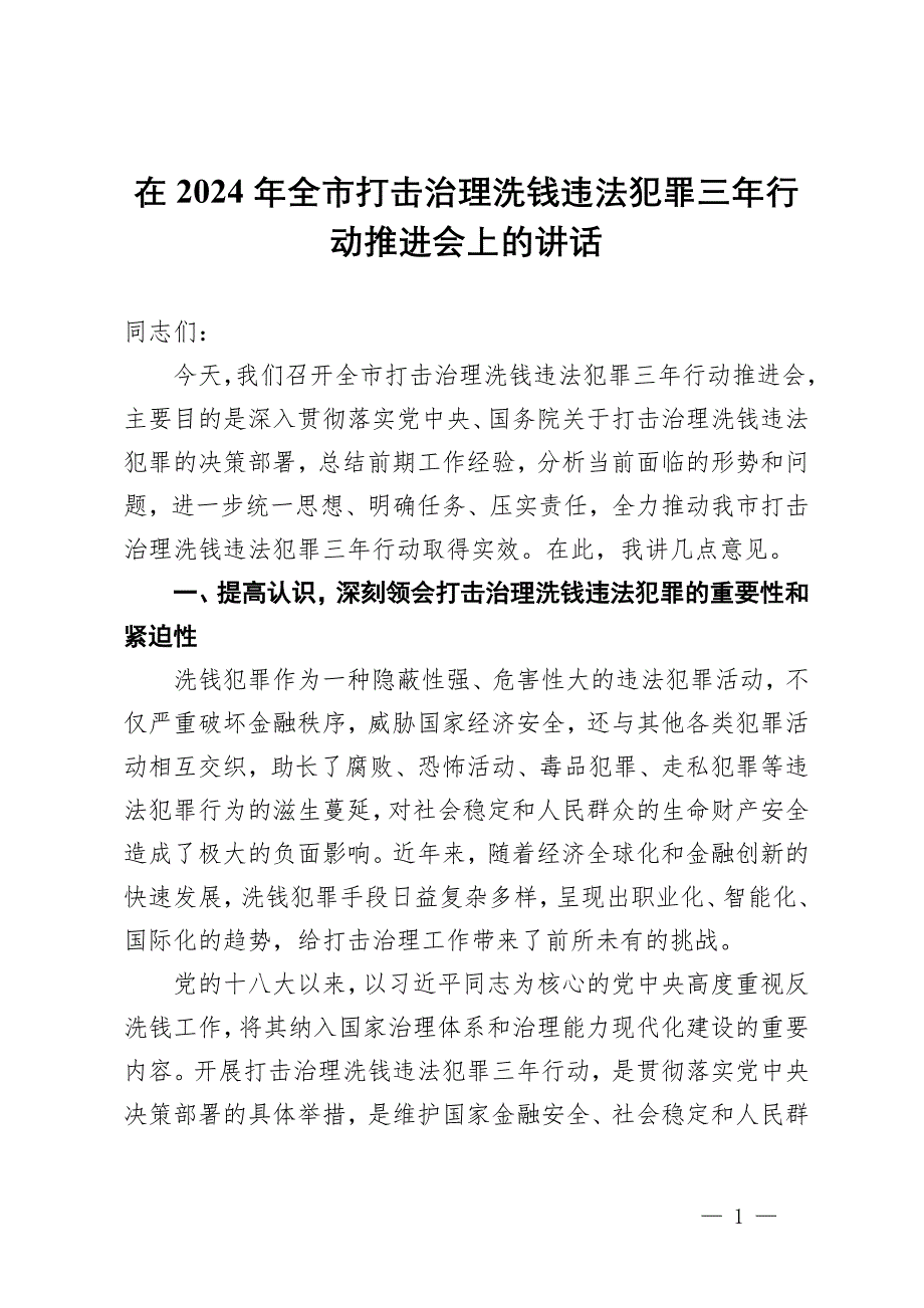 在2024年全市打擊治理洗錢違法犯罪三年行動(dòng)推進(jìn)會(huì)上的講話_第1頁