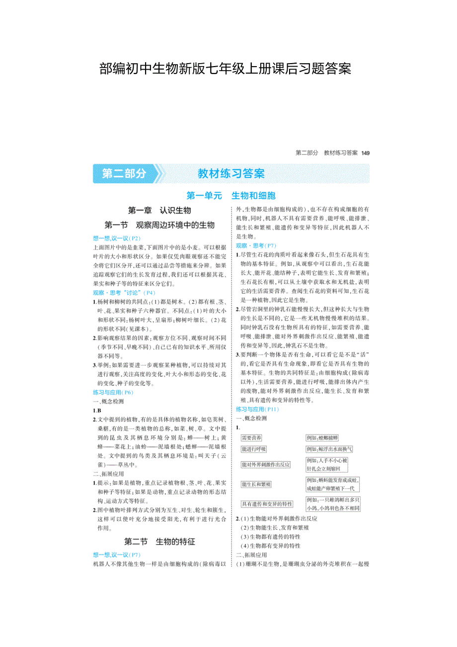 部編初中生物新版七年級(jí)上冊課后習(xí)題答案_第1頁