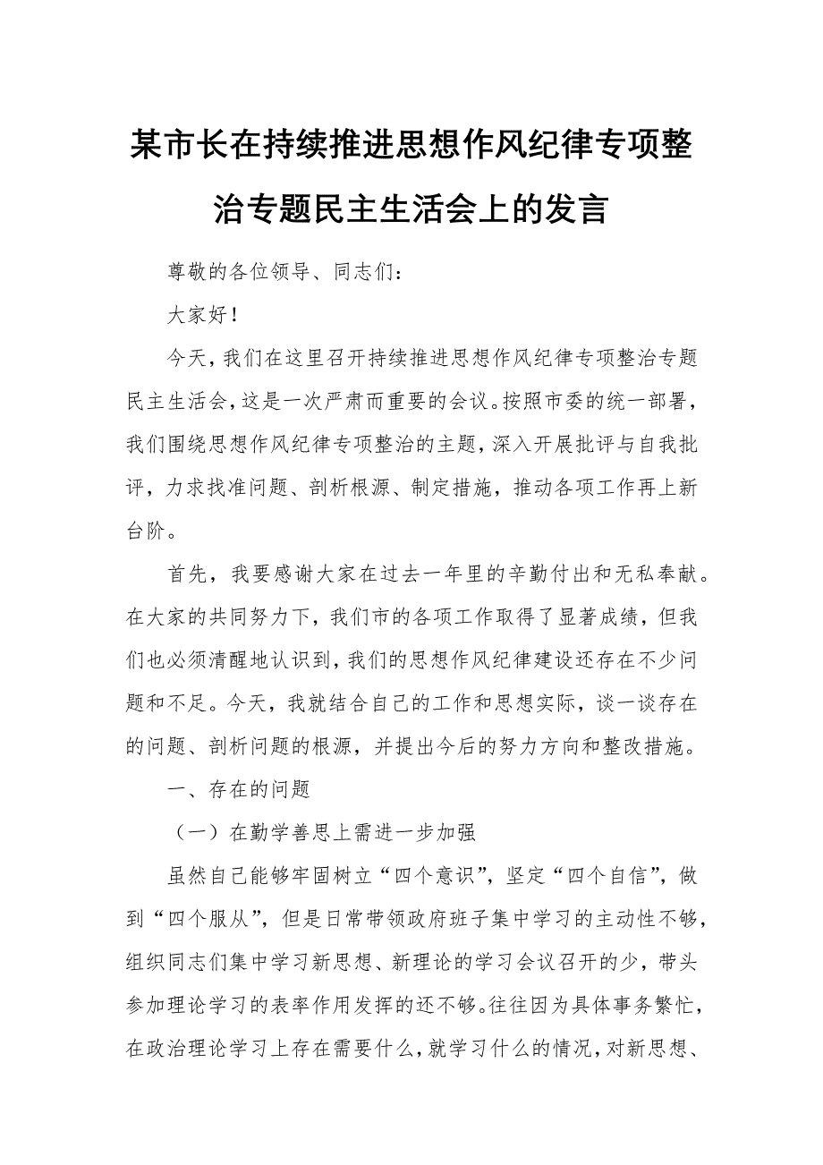 某市长在持续推进思想作风纪律专项整治专题民主生活会上的发言_第1页