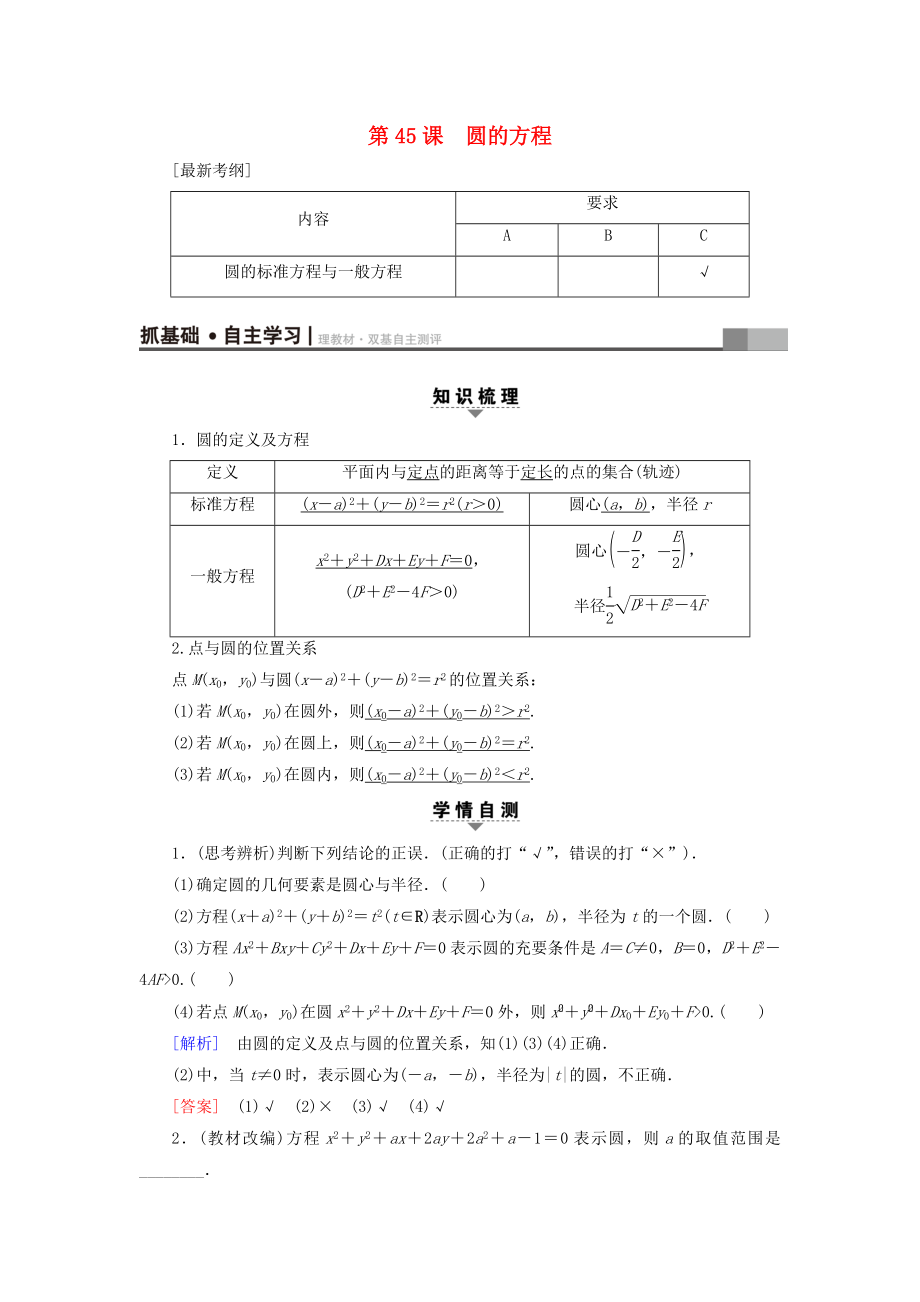 （江蘇專用）高考數(shù)學一輪復習 第九章 平面解析幾何 第45課 圓的方程教師用書-人教版高三數(shù)學試題_第1頁