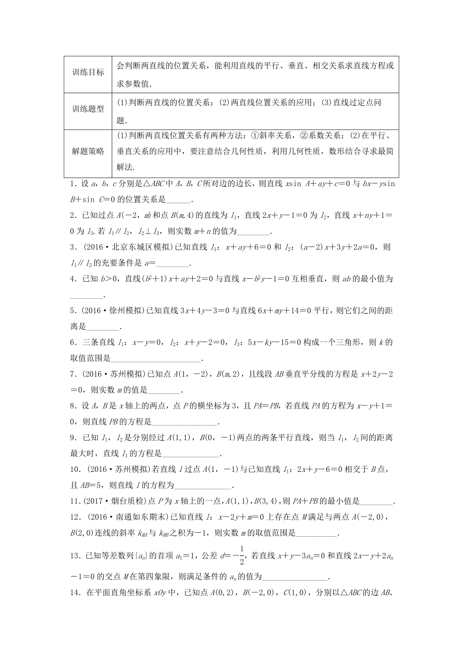 （江蘇專用）高考數(shù)學(xué)專題復(fù)習(xí) 專題9 平面解析幾何 第58練 兩直線的位置關(guān)系練習(xí) 理-人教版高三數(shù)學(xué)試題_第1頁