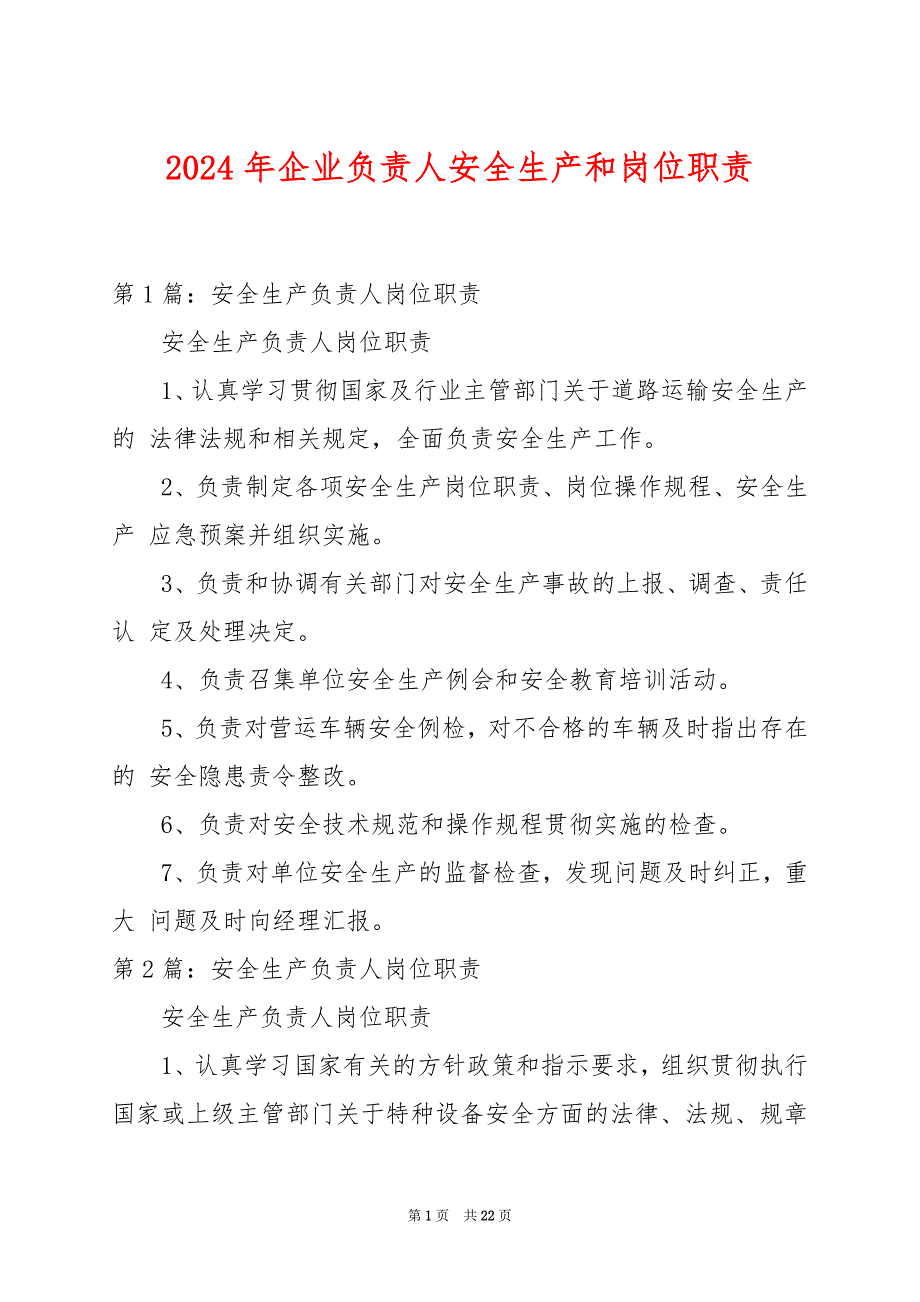 2024年企业负责人安全生产和岗位职责_第1页