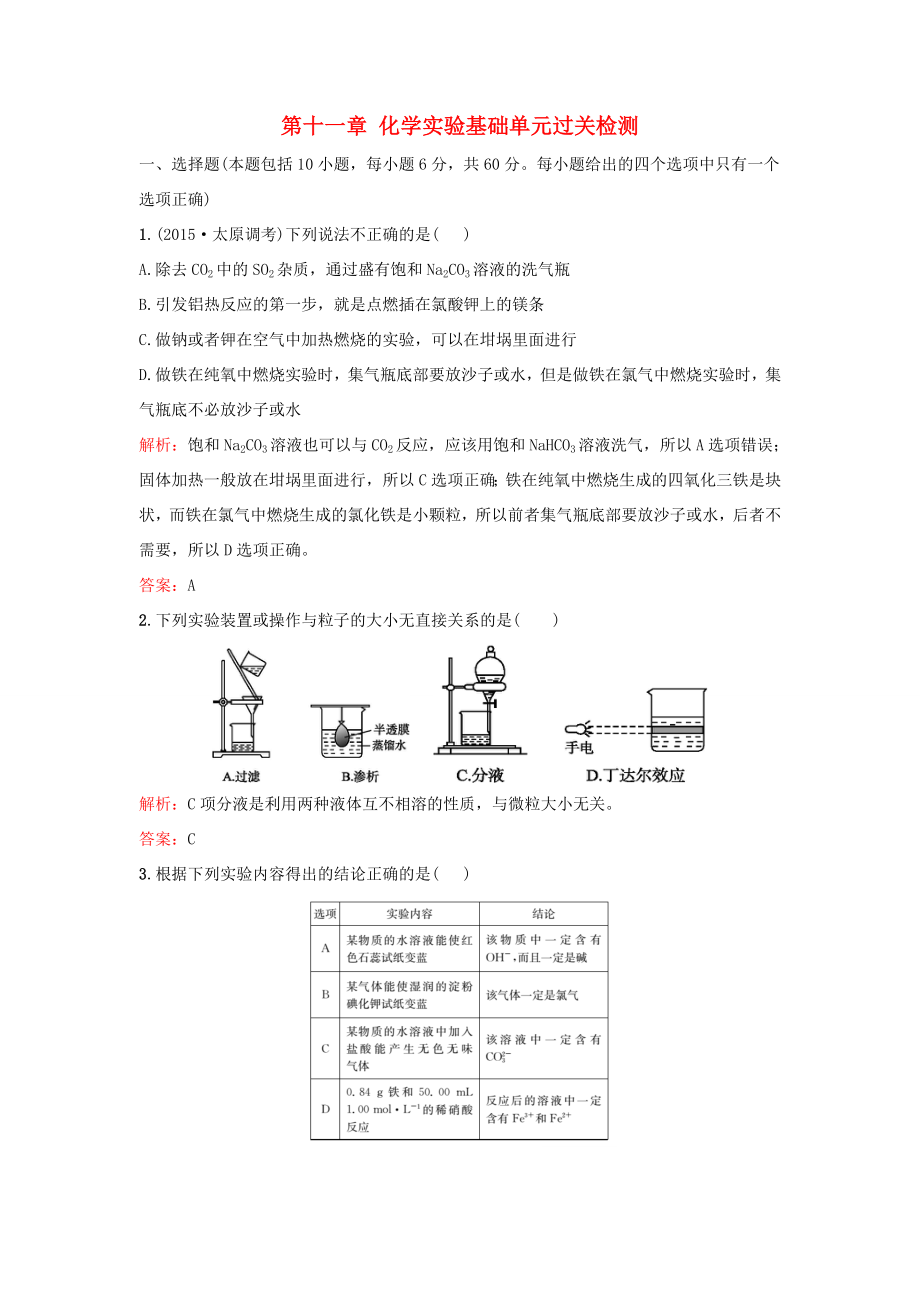 （湘教考苑）（新課標(biāo)）高考化學(xué)一輪復(fù)習(xí) 第十一章 化學(xué)實(shí)驗(yàn)基礎(chǔ)單元過(guò)關(guān)檢測(cè) 新人教版-新人教版高三全冊(cè)化學(xué)試題_第1頁(yè)