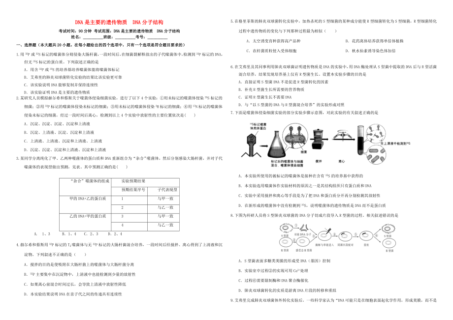 （衡水万卷）高三生物二轮复习 作业卷（十七）DNA是主要的遗传物质 DNA分子结构（含解析）-人教版高三生物试题_第1页