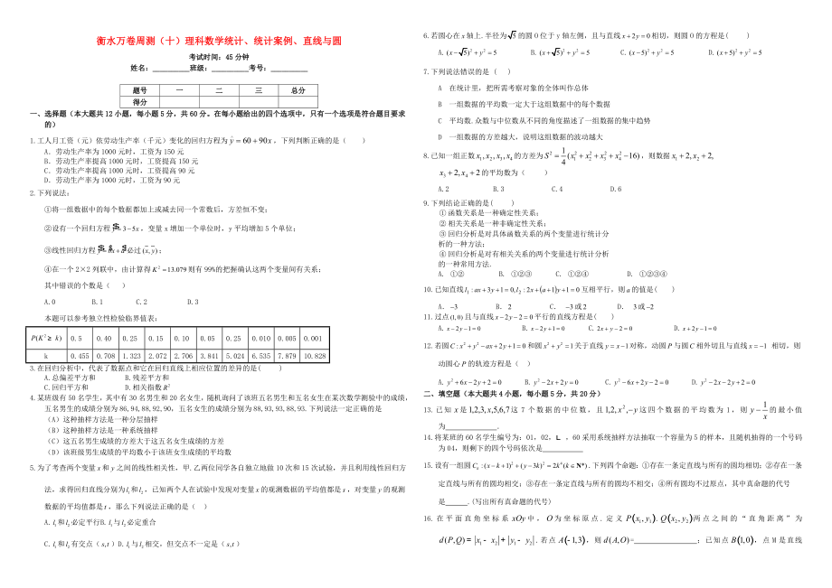 （衡水万卷）高考数学二轮复习 十 统计、统计案例、直线与圆周测 理-人教版高三数学试题_第1页