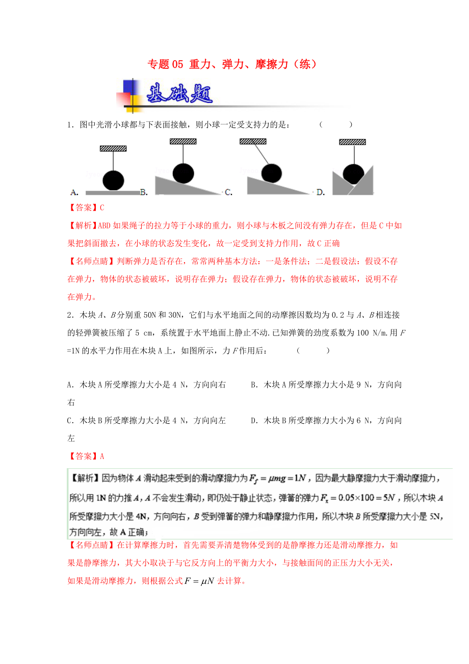 （講練測）高考物理一輪復習 專題05 重力、彈力、摩擦力（練）（ 含解析）-人教版高三全冊物理試題_第1頁