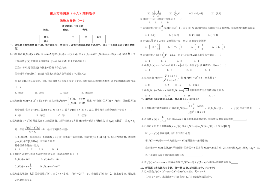 （衡水万卷）高考数学二轮复习 十六 函数与导数（一）周测 理-人教版高三数学试题_第1页