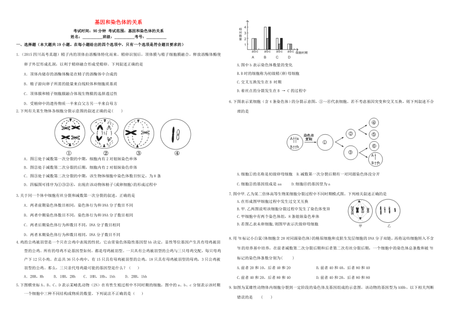 （衡水萬卷）高三生物二輪復(fù)習(xí) 周測卷（八）基因和染色體的關(guān)系（含解析）-人教版高三生物試題_第1頁