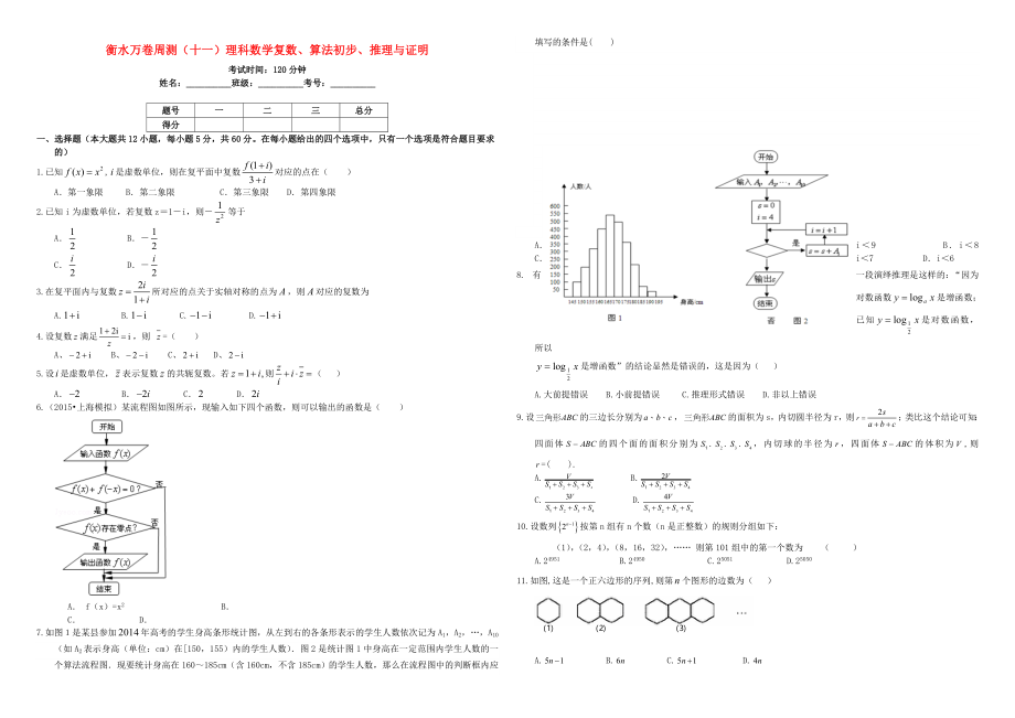 （衡水万卷）高考数学二轮复习 十一 复数、算法初步、推理与证明周测 理-人教版高三数学试题_第1页