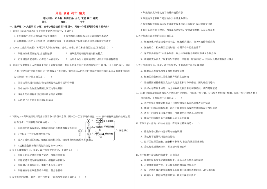 （衡水萬卷）高三生物二輪復(fù)習(xí) 作業(yè)卷（十二）分化、衰老、凋亡、癌變（含解析）-人教版高三生物試題_第1頁(yè)