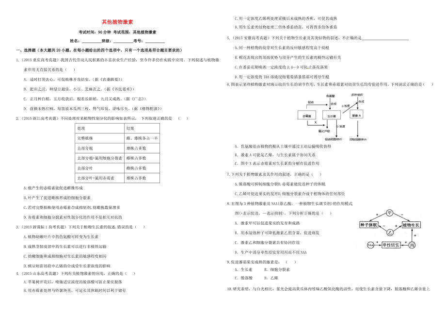 （衡水万卷）高三生物二轮复习 作业卷（二十八）其他植物激素（含解析）-人教版高三生物试题_第1页
