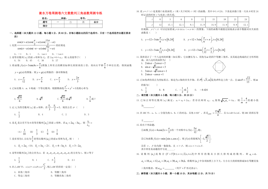 （衡水万卷）高考数学二轮复习 六 数列三角函数周测综合专练 文-人教版高三数学试题_第1页