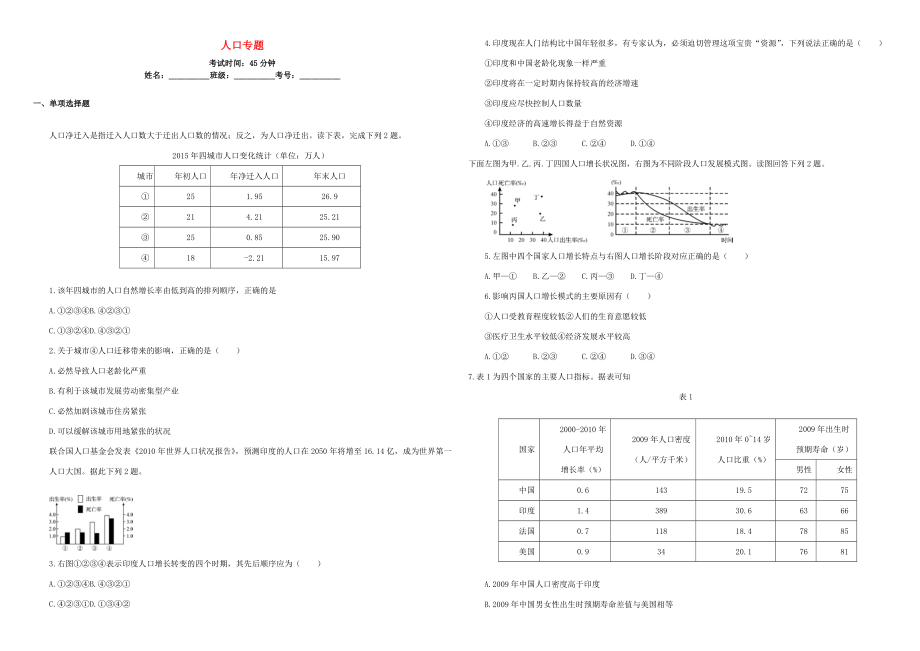 （衡水萬(wàn)卷）高三地理二輪復(fù)習(xí) 周測(cè)卷八 人口專(zhuān)題（含解析）-人教版高三地理試題_第1頁(yè)