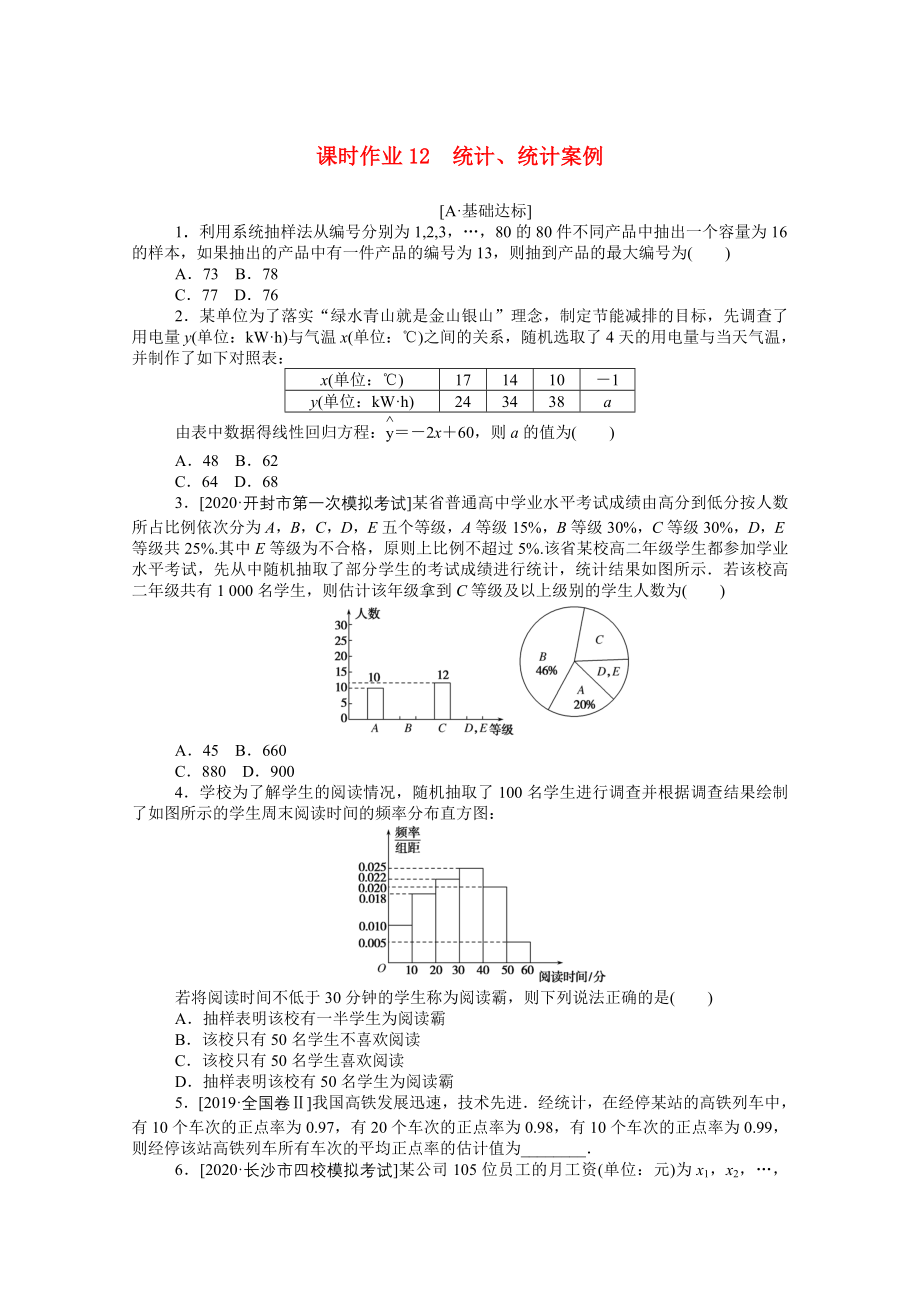 （統(tǒng)考版）高考數(shù)學(xué)二輪專題復(fù)習(xí) 課時作業(yè)12 統(tǒng)計(jì)、統(tǒng)計(jì)案例 理（含解析）-人教版高三全冊數(shù)學(xué)試題_第1頁