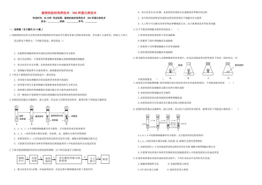 （衡水万卷）高三生物二轮复习 作业卷（三十五）植物的组织培养技术 DNA和蛋白质技术（含解析）-人教版高三生物试题_第1页