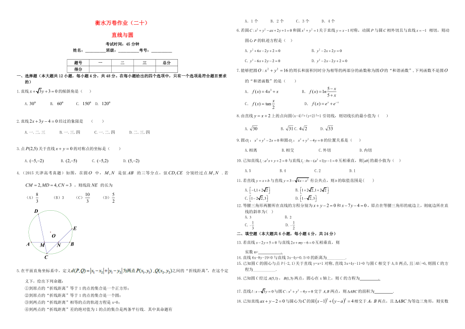 （衡水万卷）高考数学二轮复习 二十 直线与圆作业 理-人教版高三数学试题_第1页