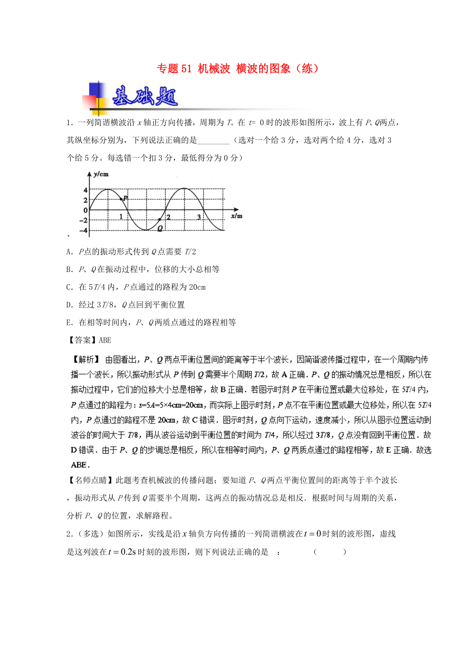 （講練測）高考物理一輪復(fù)習 專題51 機械波 橫波的圖象（練）（含解析）-人教版高三全冊物理試題_第1頁