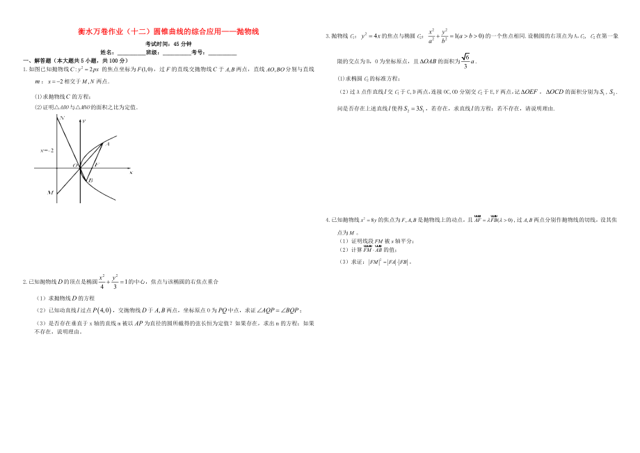 （衡水万卷）高考数学二轮复习 十二 圆锥曲线的综合应用——抛物线作业 理-人教版高三数学试题_第1页