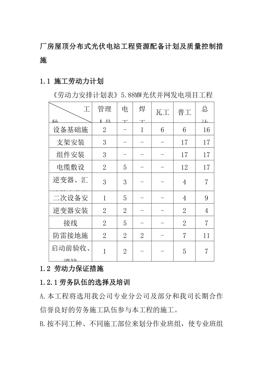 厂房屋顶分布式光伏电站工程资源配备计划及质量控制措施_第1页