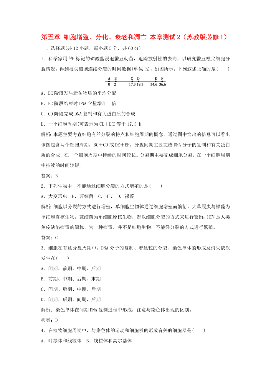 （課堂設(shè)計）高中生物 第五章 細胞增殖、分化、衰老和凋亡本章測試2 蘇教版必修1_第1頁