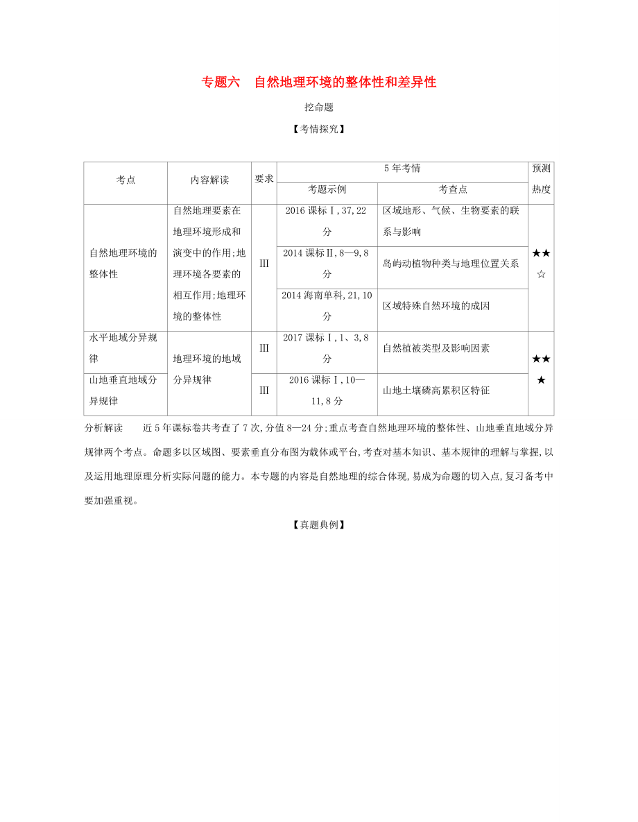 （課標專用 A版）高考地理 專題六 自然地理環(huán)境的整體性和差異性試題-人教版高三地理試題_第1頁