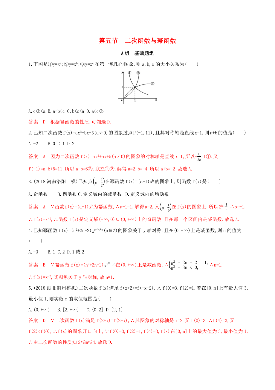 （課標通用）高考數(shù)學大一輪復習 第二章 5 第五節(jié) 二次函數(shù)與冪函數(shù)精練 理-人教版高三全冊數(shù)學試題_第1頁