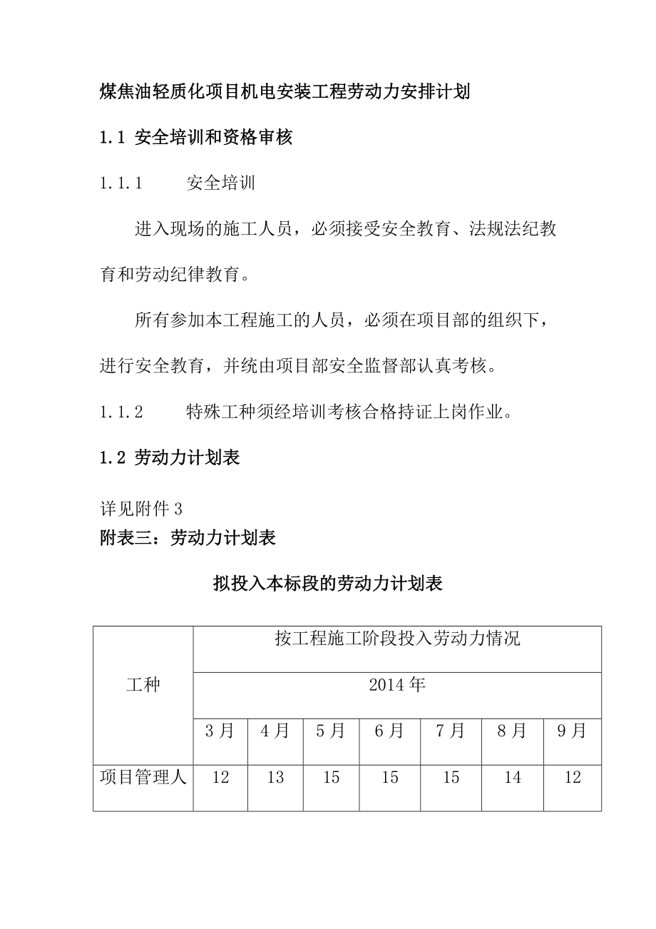 煤焦油轻质化项目机电安装工程劳动力安排计划_第1页