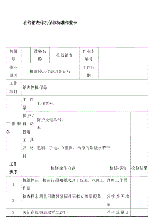 在線鈉表停機(jī)保養(yǎng)標(biāo)準(zhǔn)作業(yè)卡