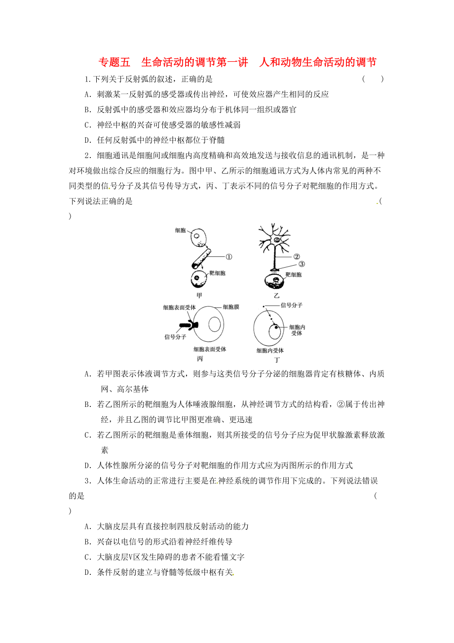 高三生物二輪測試題 人和動物生命活動的調(diào)節(jié) 新人教版必修1_第1頁