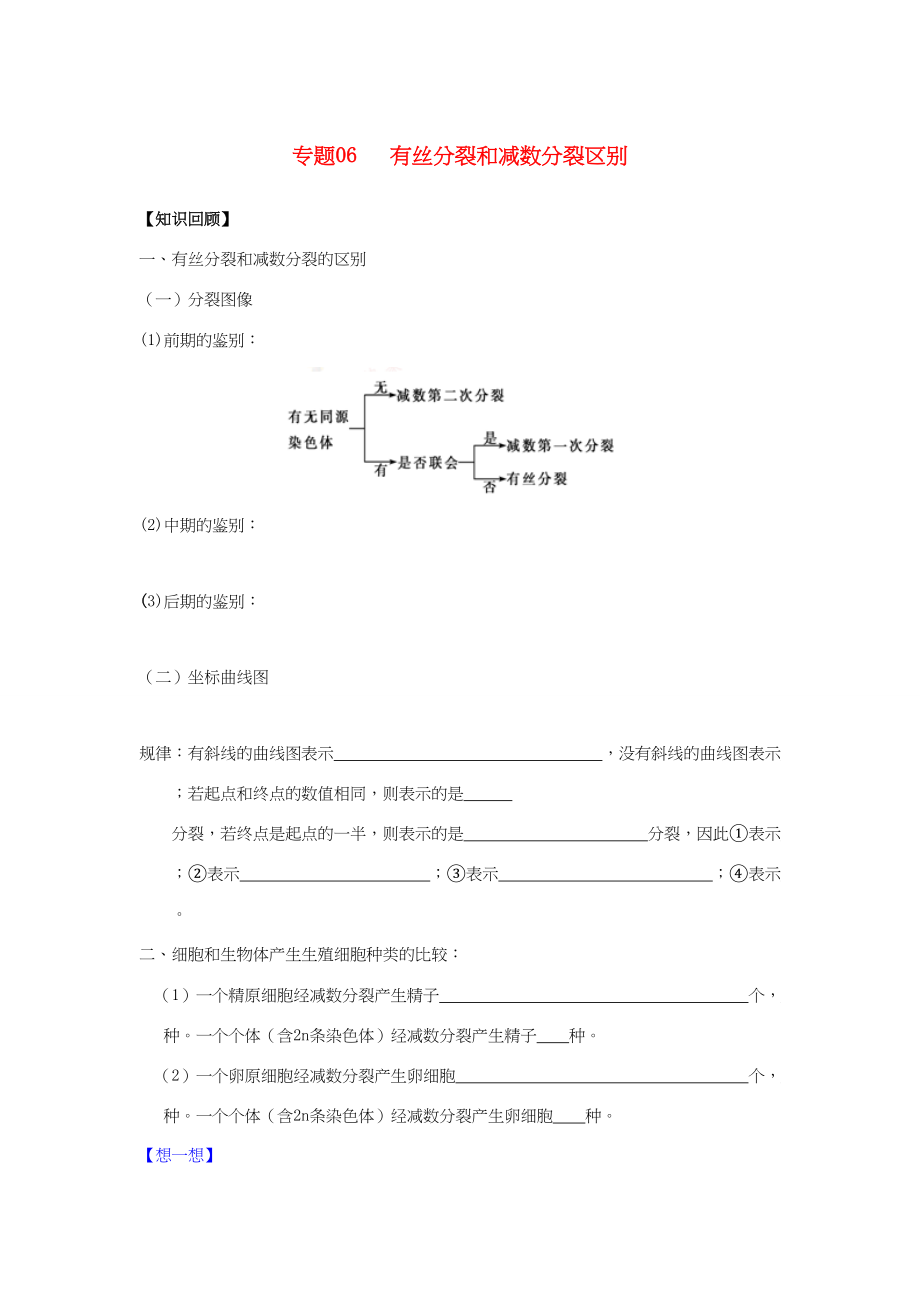 高一生物 专题06 有丝分裂和减数分裂区别暑假作业（含解析）-人教高一生物试题_第1页