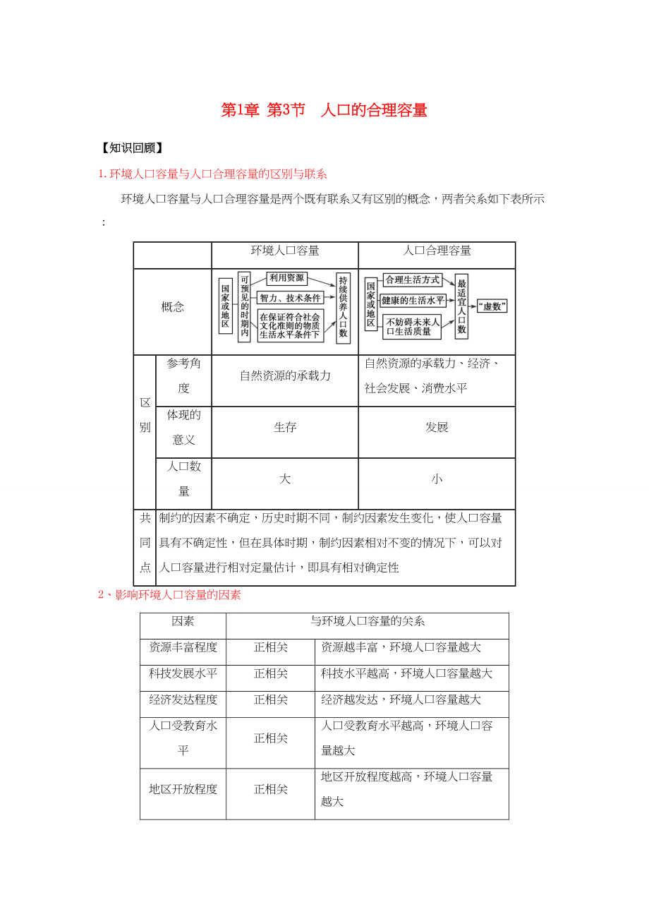 高一地理 第1章 第3节 人口的合理容量暑假作业（含解析）-人教高一地理试题_第1页