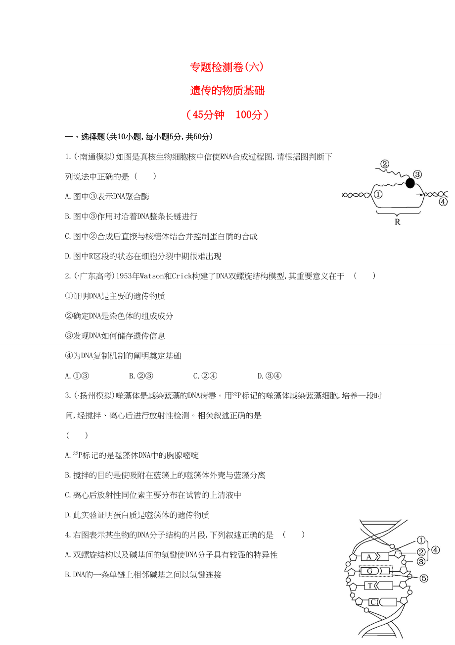 高考生物 专题辅导与训练四 第1讲遗传的物质基础_第1页