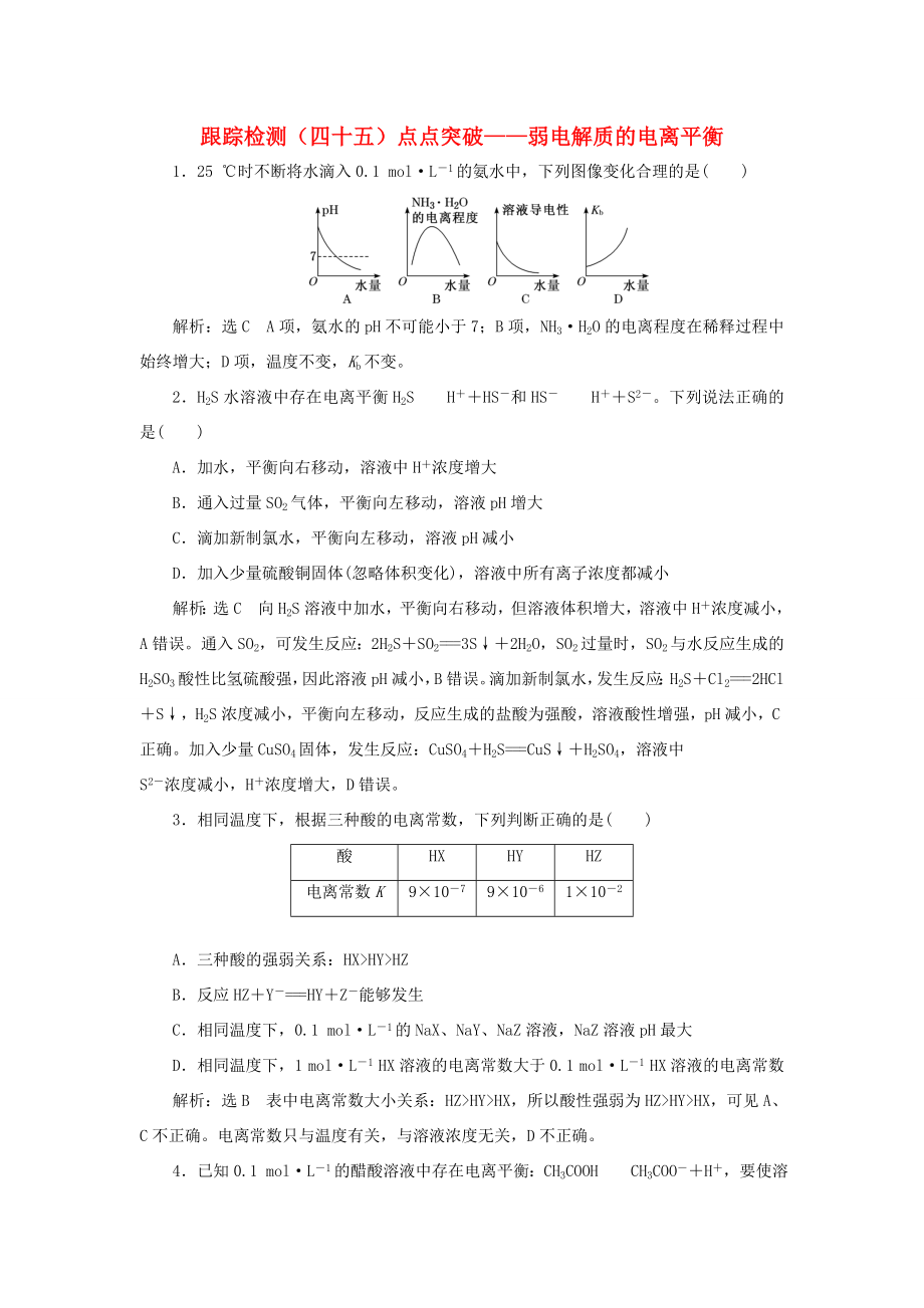 （通用版）高考化學一輪復習 跟蹤檢測（四十五）點點突破 弱電解質的電離平衡（含解析）-人教版高三化學試題_第1頁