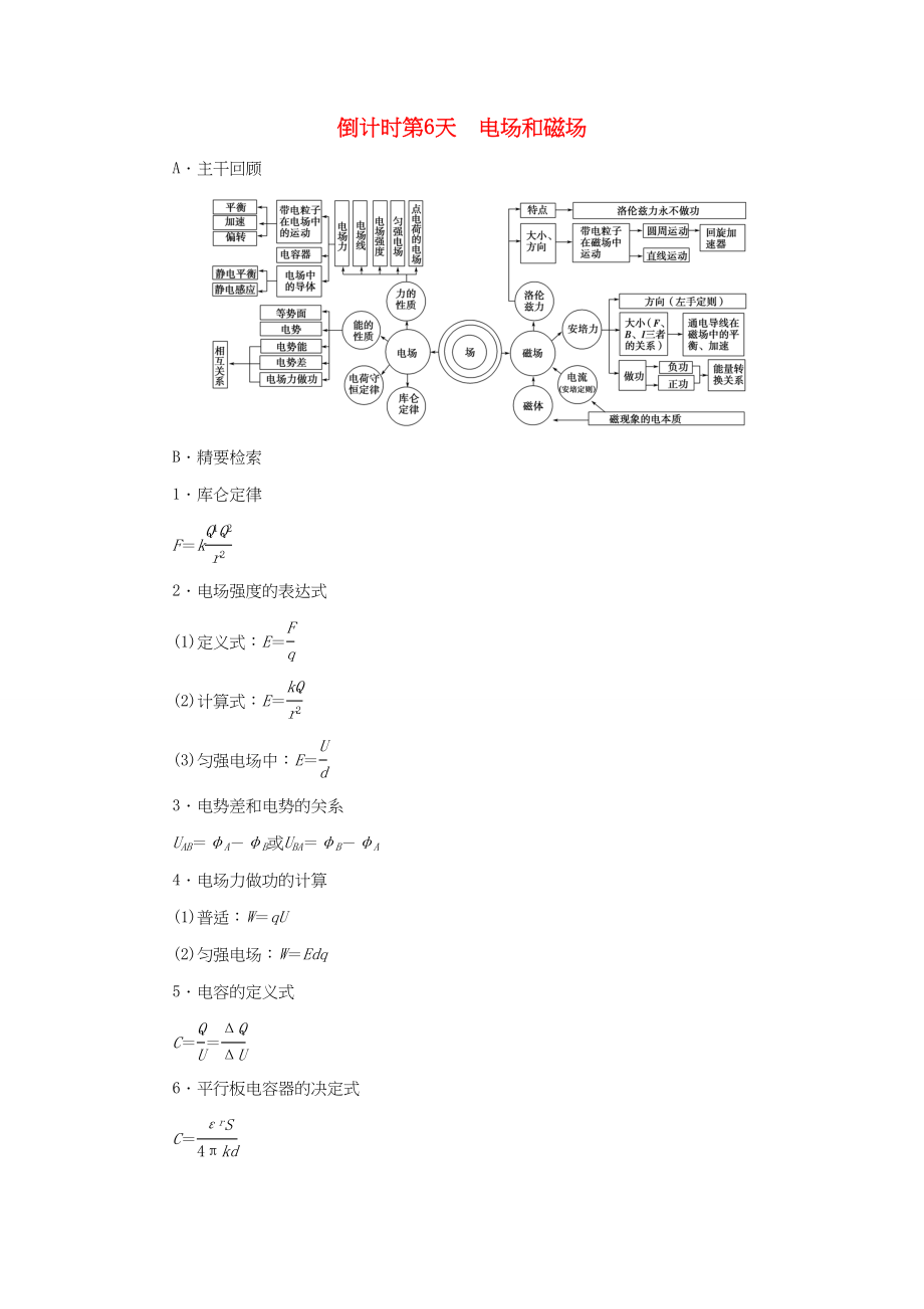 （通用版）高三物理二輪復(fù)習(xí) 第2部分 考前回扣 倒計(jì)時(shí)第6天 電場(chǎng)和磁場(chǎng)用書-人教版高三物理試題_第1頁(yè)